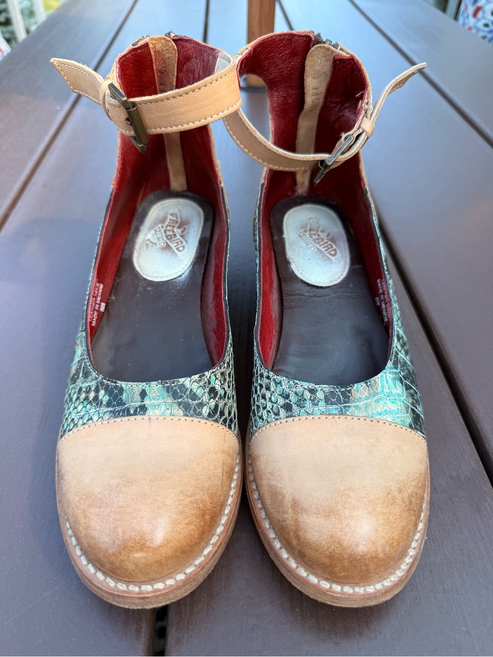 Freebird by Steven Tan Leather & Teal Snake-Print Ankle Strap Heels “Marilyn” - Picture 1 of 5